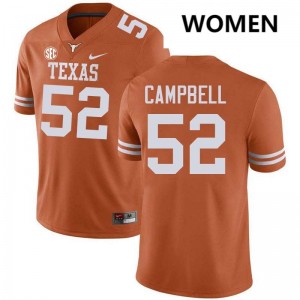 #52 DJ Campbell Longhorns Texas Orange Womens Jersey 2025-26 Football