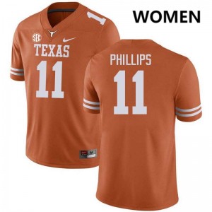 #11 Kade Phillips The Horns Texas Orange Women's Jersey 2025-26 Football